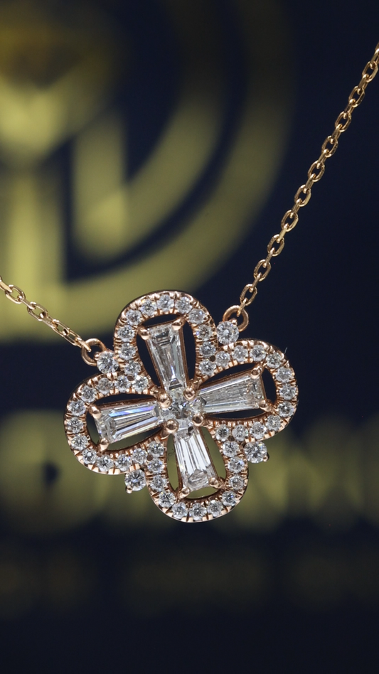 Round & Baguette Diamond Clover Necklace in Rose Gold | Halo Cross Design