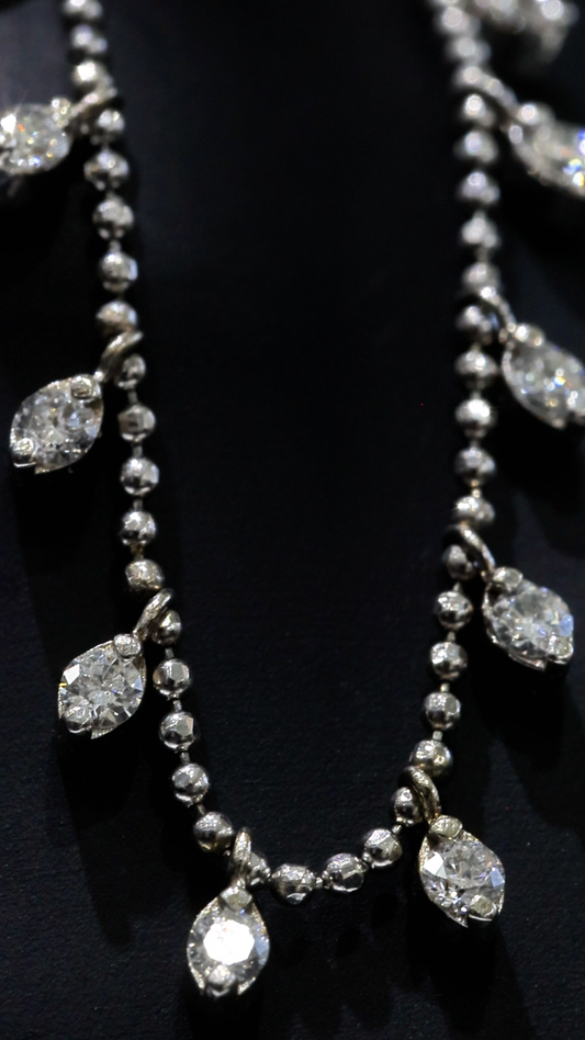 Natural Diamond Drop Station Necklace in White Gold | Pear-Cut Beaded Chain