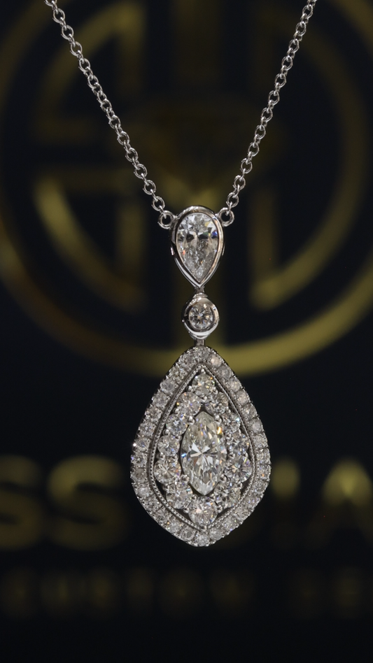 Pear Shape Diamond Drop Pendant Necklace in 14K White Gold | Halo Teardrop Design