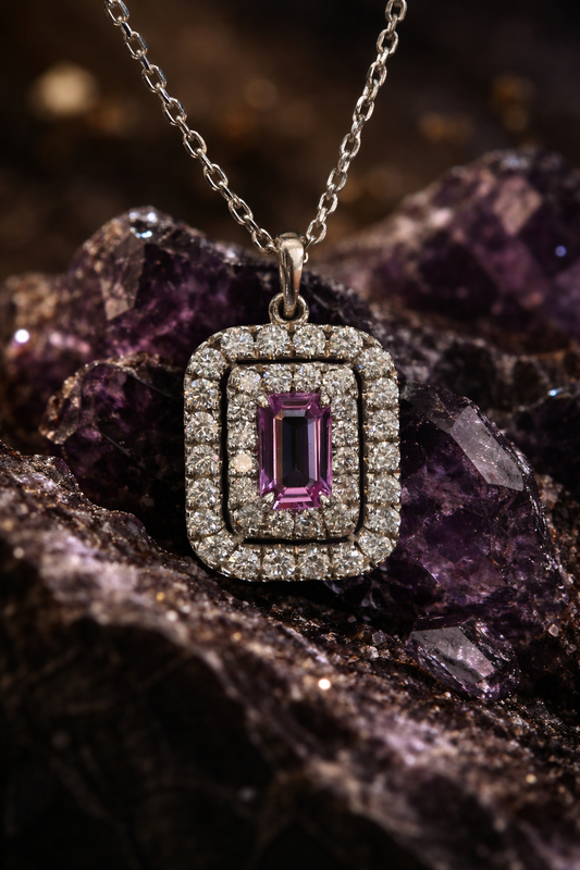 14K white gold sapphire halo pendant necklace with 0.30 carat emerald cut sapphire and 0.36 carat pavé diamond double frame design