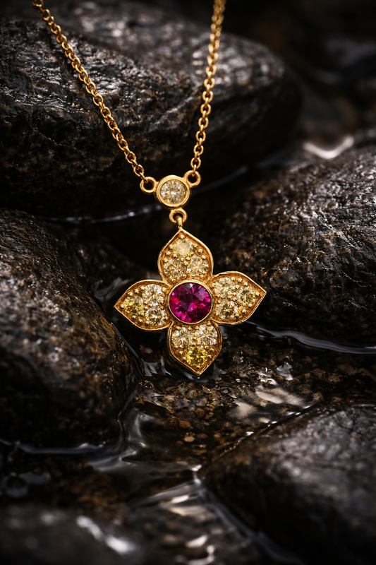 14K yellow gold ruby floral pendant with 0.80 carat fancy yellow diamonds and bezel-set ruby center with diamond station chain