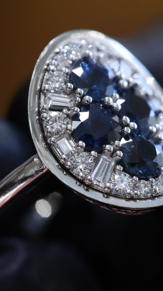 Sapphire & Diamond Halo Cluster Ring in 14K White Gold | 1.50 CT TW