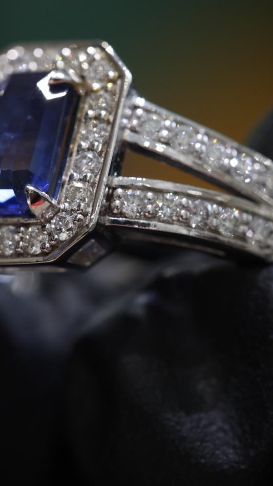 Sapphire & Diamond Halo Ring in White Gold | 2.04 CTW