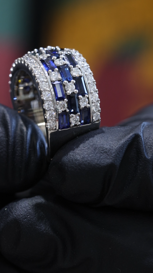 Blue Sapphire & Diamond Multi-Row Band in White Gold |3.55 ctw