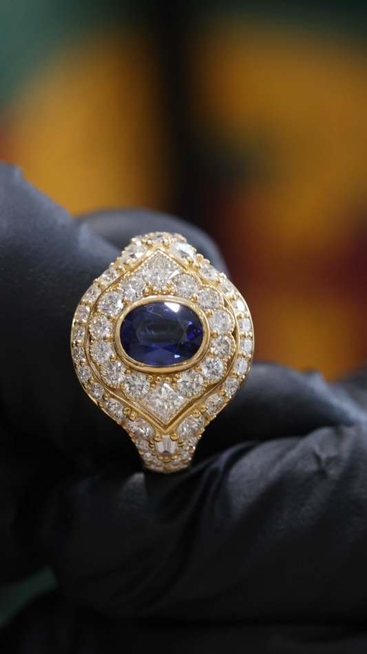 Blue Sapphire Diamond Cocktail Ring in Yellow Gold | 3.25 CTW