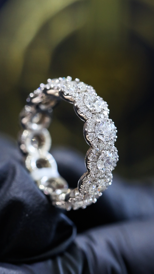 Round Halo Diamond Eternity Band in 14K White Gold | 3.28 CT