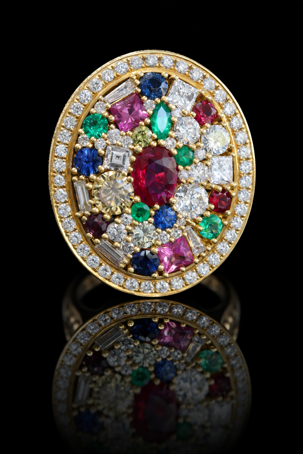 Natural Multi-Gem Diamond Oval Cluster Ring 14K Houston Jeweler lab-grown