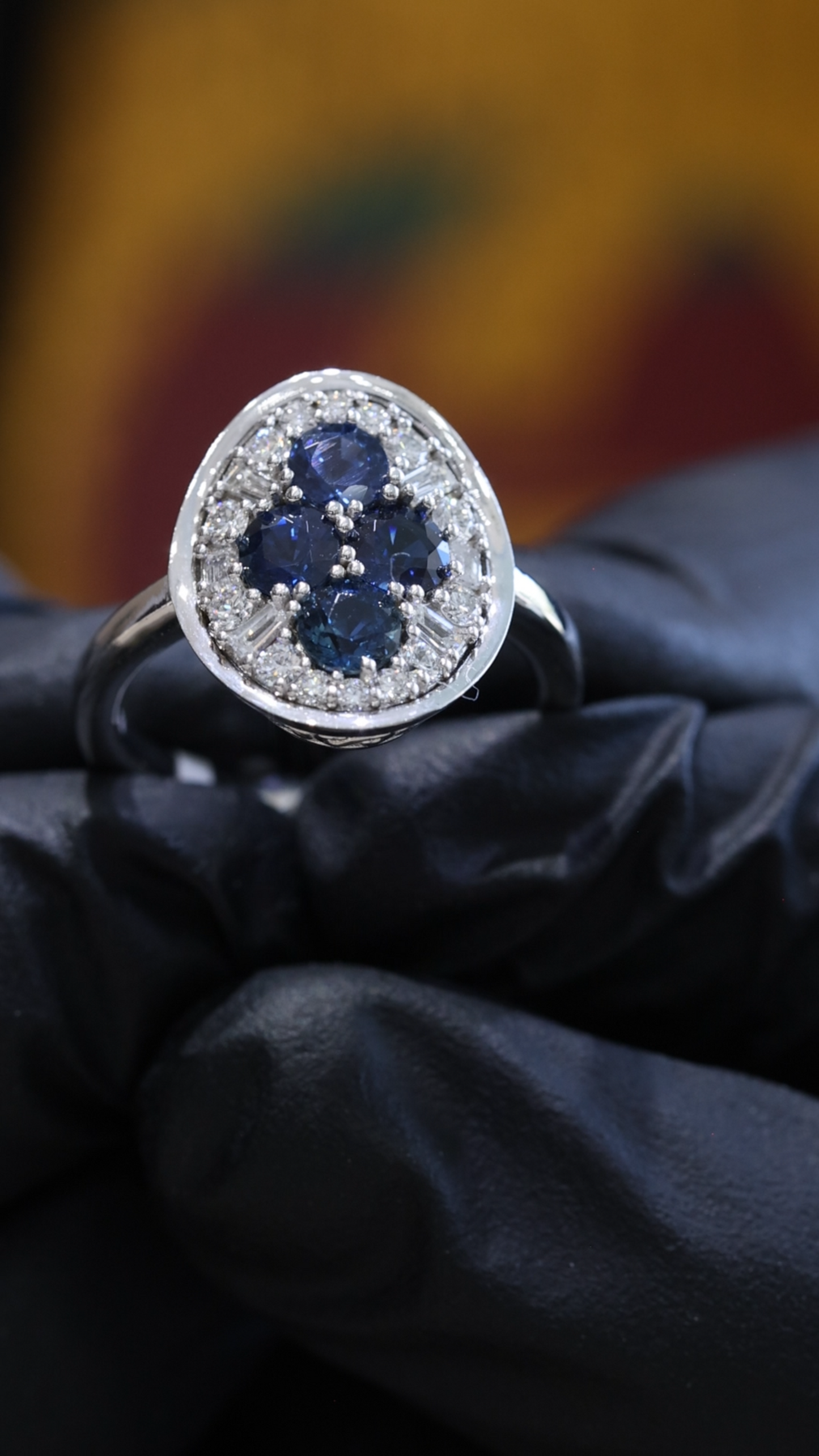 Sapphire & Diamond Halo Cluster Ring in 14K White Gold | 1.50 CT TW