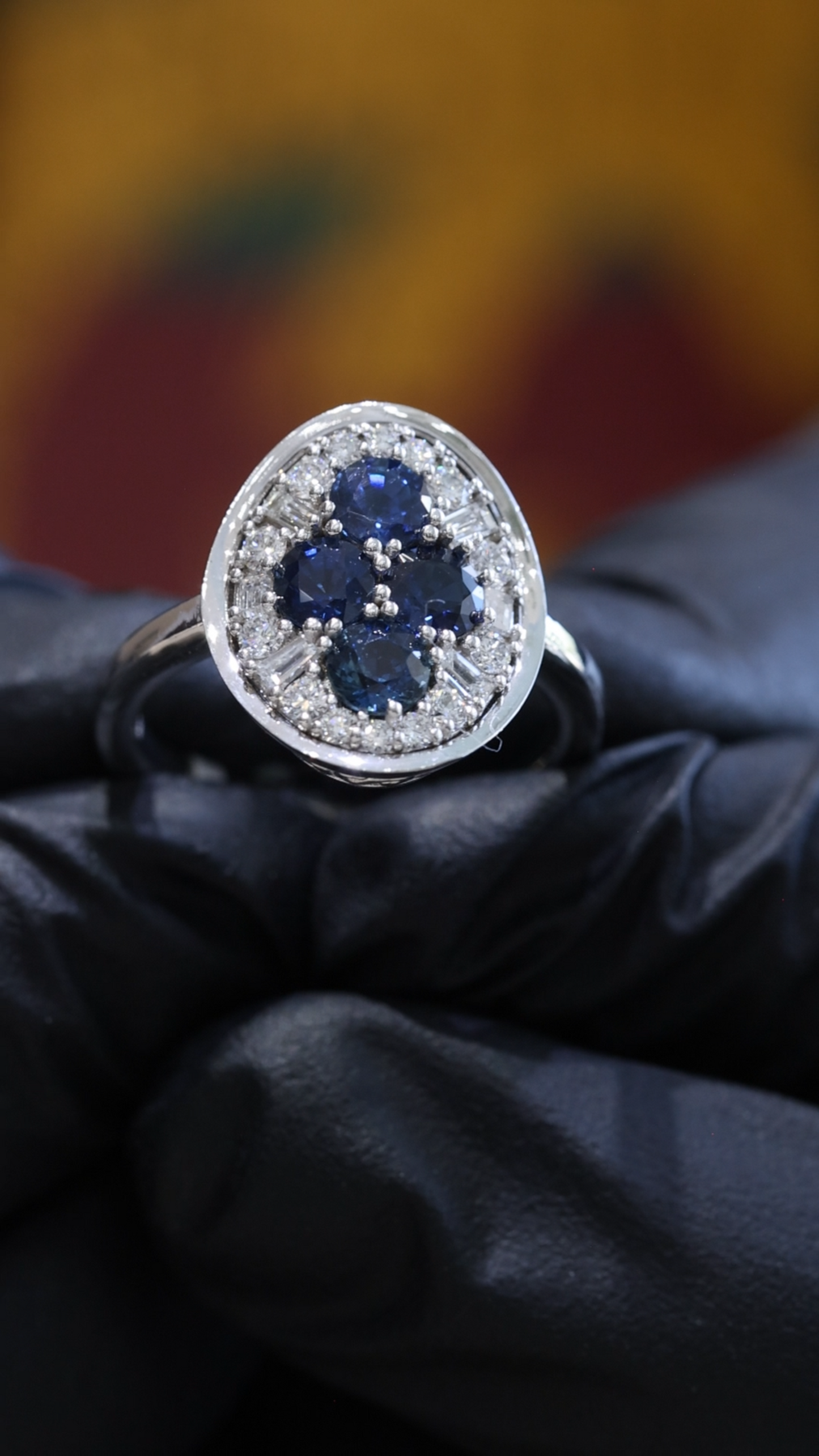 Sapphire & Diamond Halo Cluster Ring in 14K White Gold | 1.50 CT TW