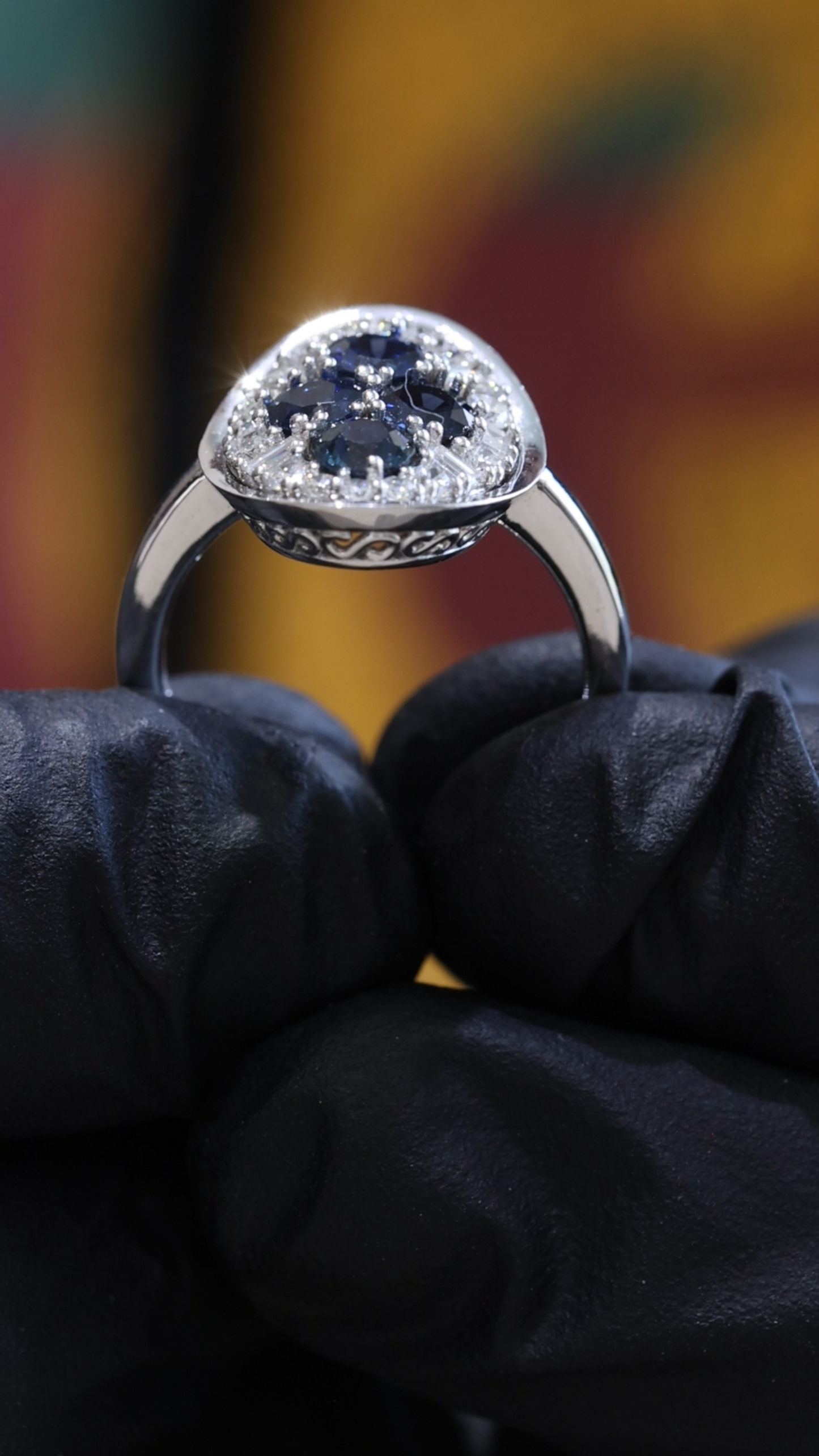 Sapphire & Diamond Halo Cluster Ring in 14K White Gold | 1.50 CT TW