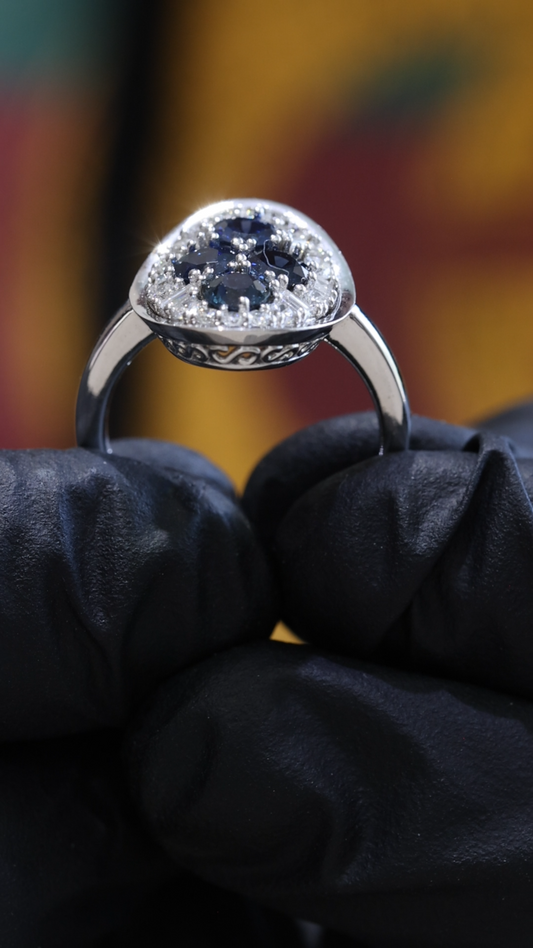 Sapphire & Diamond Halo Cluster Ring in 14K White Gold | 1.50 CT TW