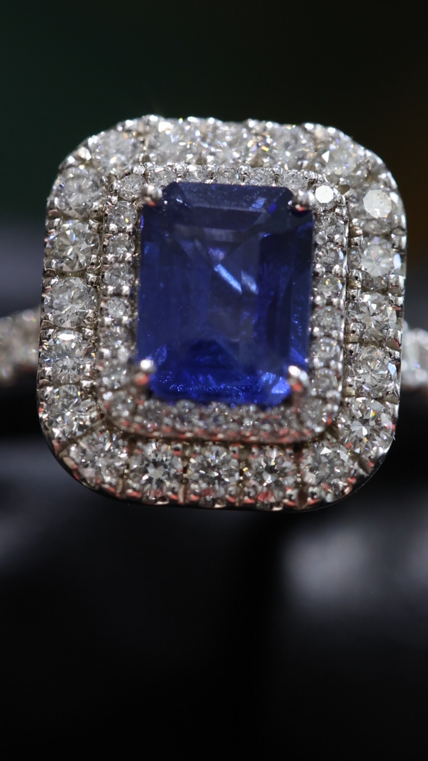 Square Blue Sapphire Double Halo Ring with Diamonds | 1.70 CTW