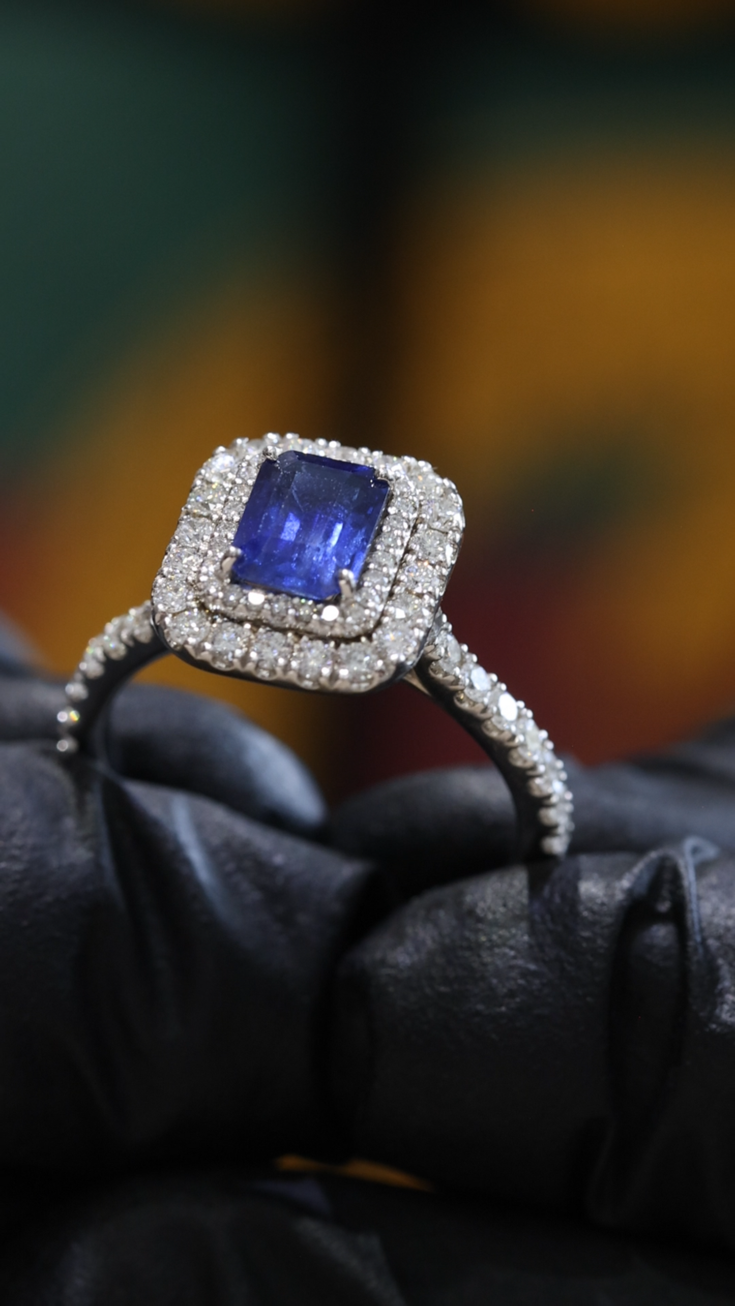 Square Blue Sapphire Double Halo Ring with Diamonds | 1.70 CTW