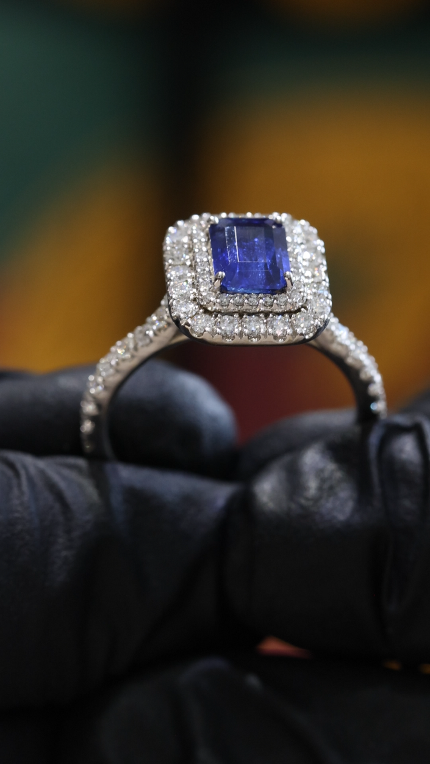 Square Blue Sapphire Double Halo Ring with Diamonds | 1.70 CTW