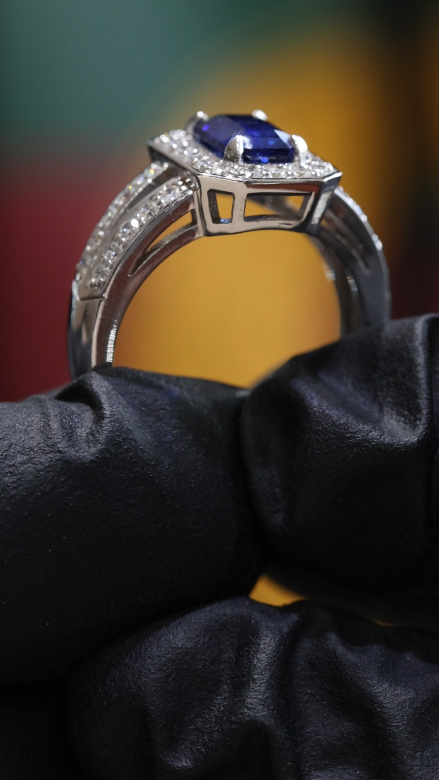 Sapphire & Diamond Halo Ring in White Gold | 2.04 CTW