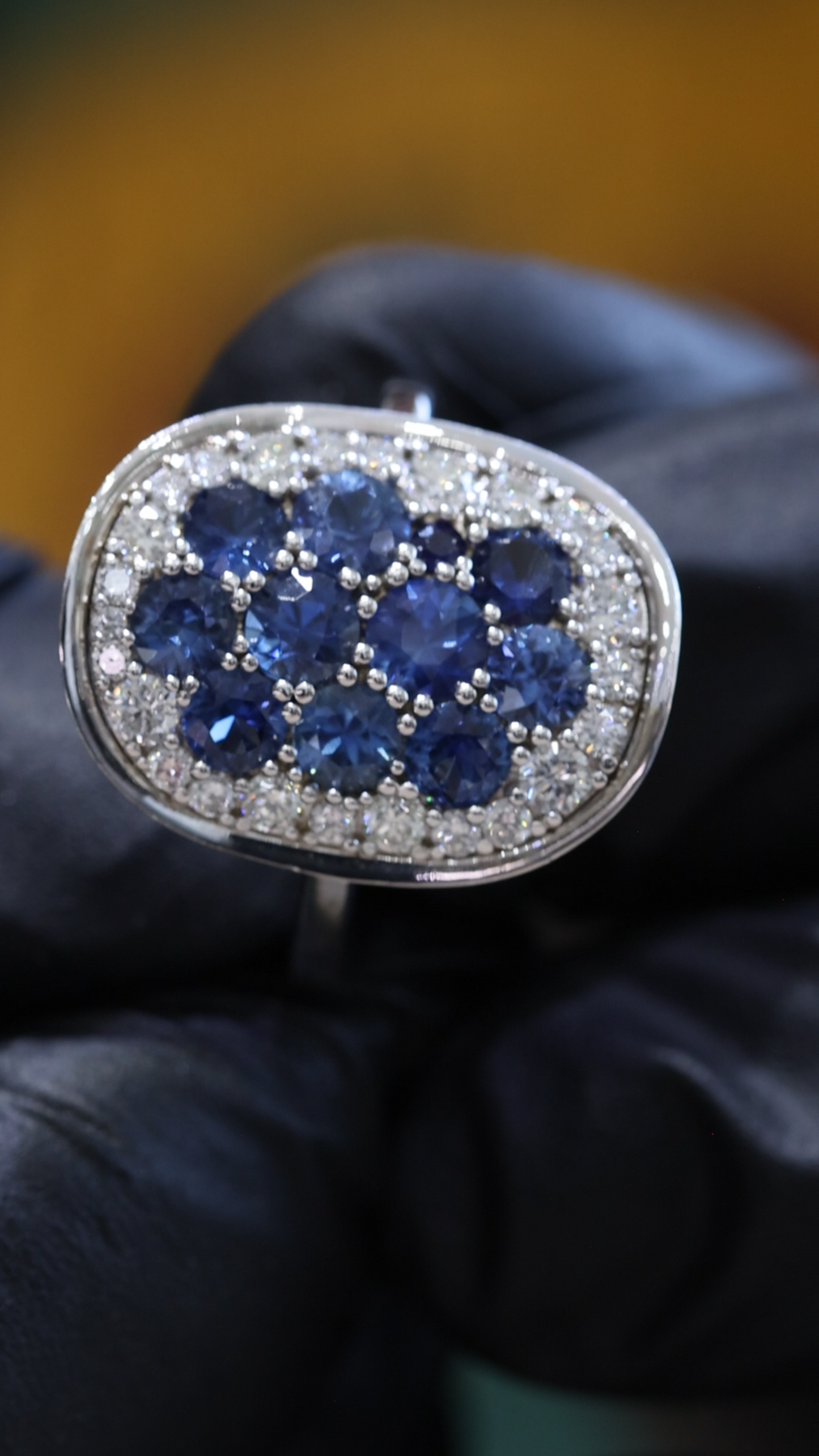 Sapphire & Diamond Halo Cluster Ring in 14K White Gold | 2.54 CT TW