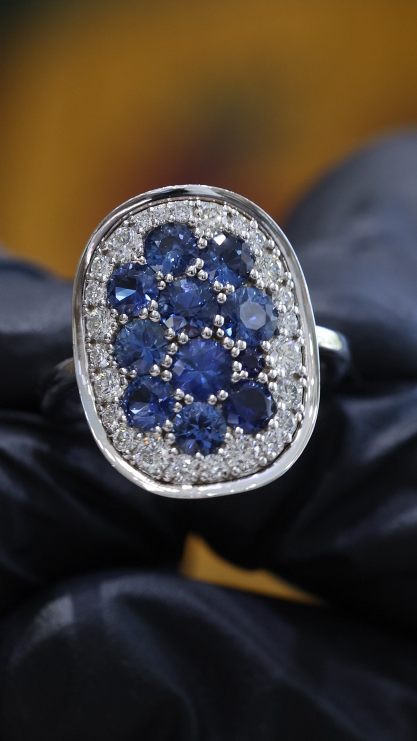 Sapphire & Diamond Halo Cluster Ring in 14K White Gold | 2.54 CT TW