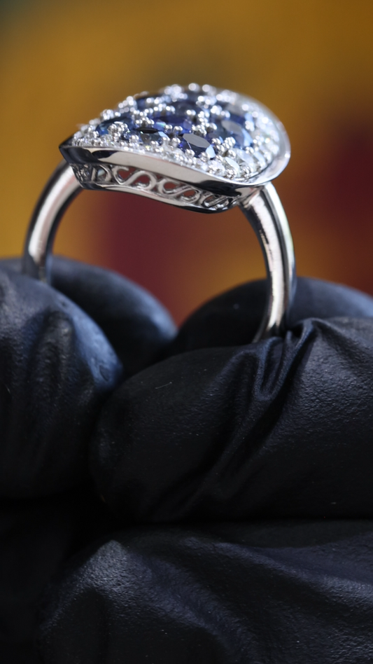 Sapphire & Diamond Halo Cluster Ring in 14K White Gold | 2.54 CT TW