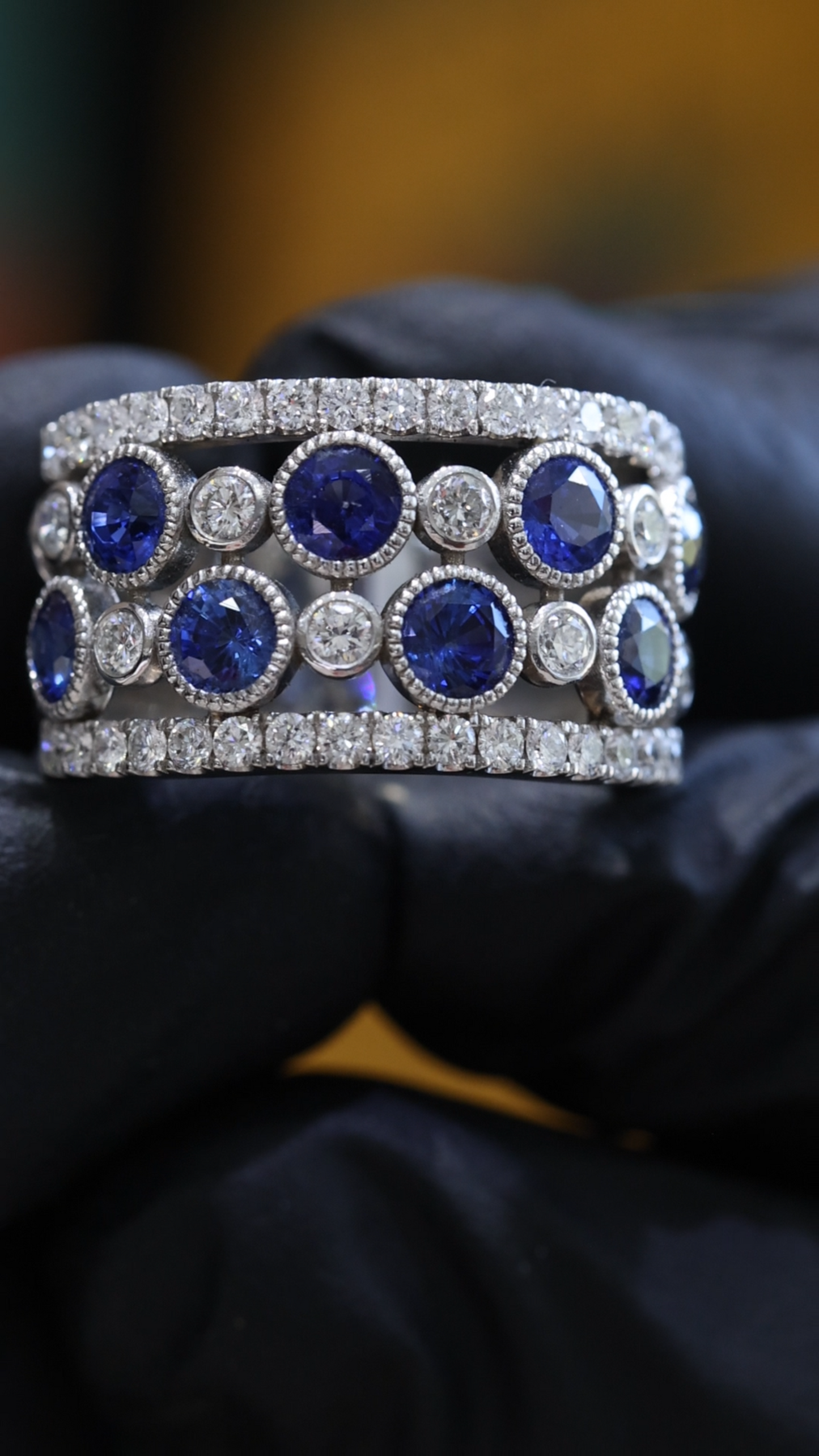 Blue Sapphire & Diamond Wide Band in White Gold | 3.55 CT