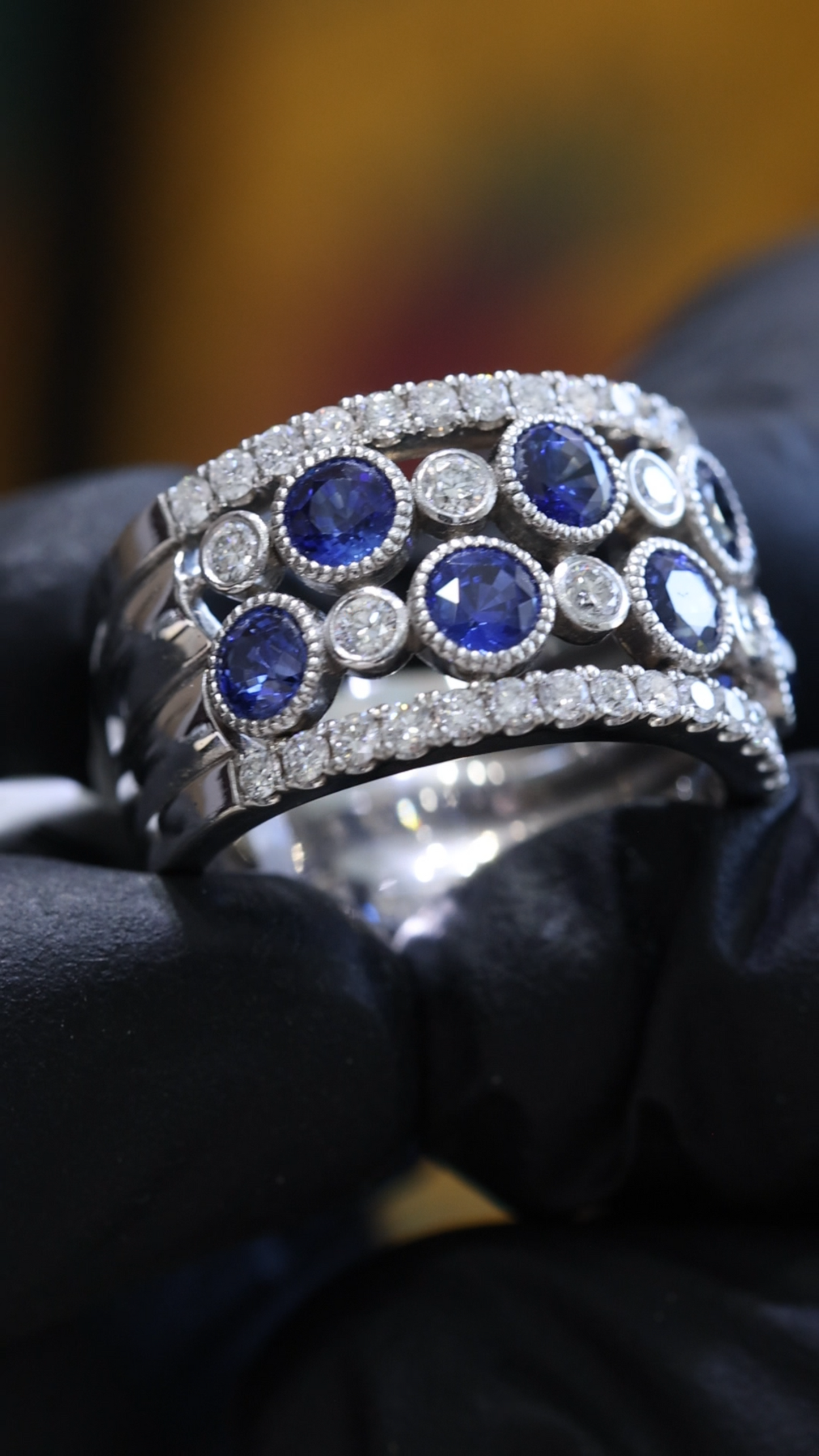 Blue Sapphire & Diamond Wide Band in White Gold | 3.55 CT
