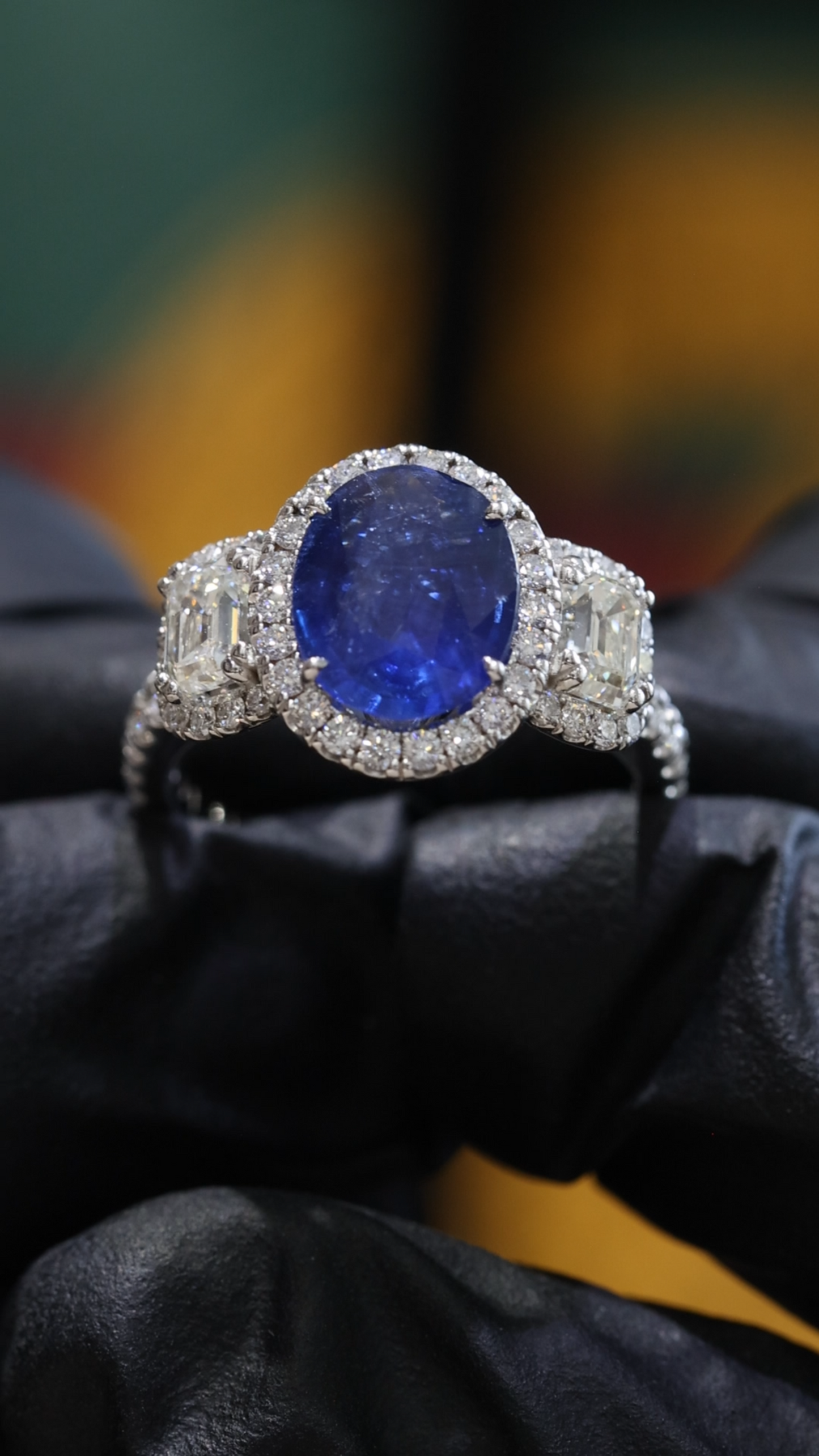Emerald-Cut Blue Sapphire Halo Ring with Diamond Accents | 3.93 CTW