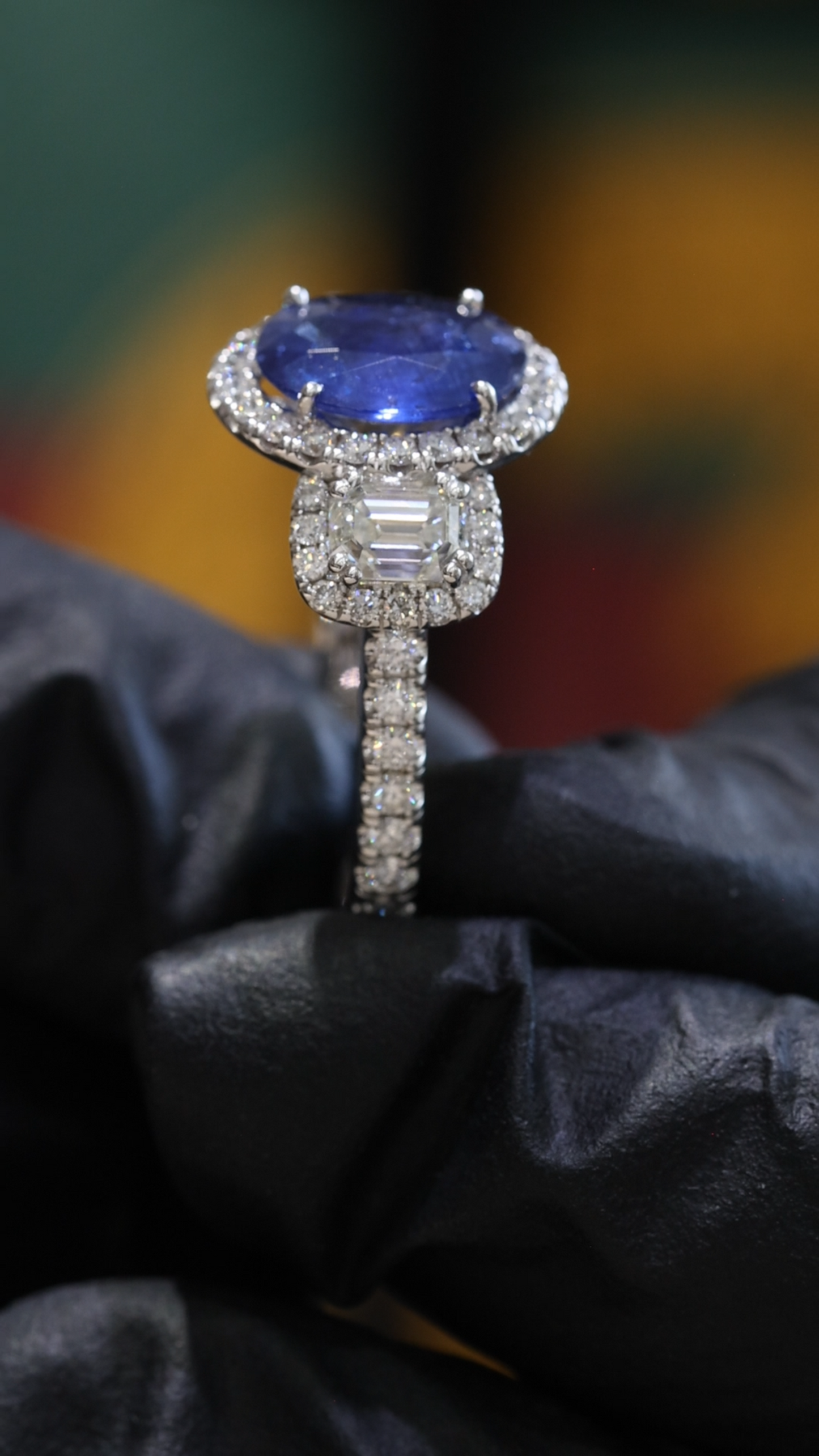 Emerald-Cut Blue Sapphire Halo Ring with Diamond Accents | 3.93 CTW