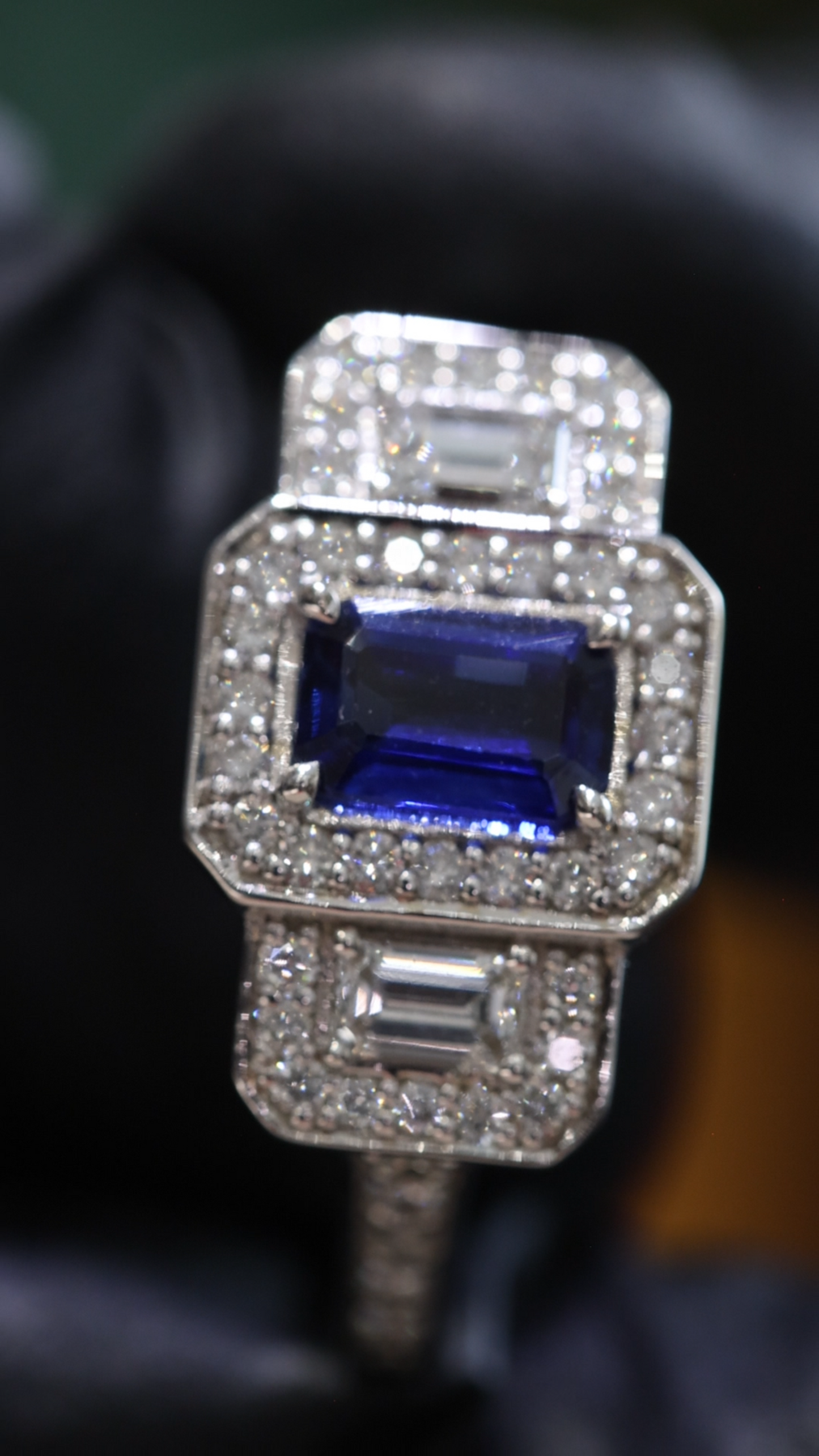 Emerald-Cut Blue Sapphire Halo Ring with Diamond Accents | 3.93 CTW
