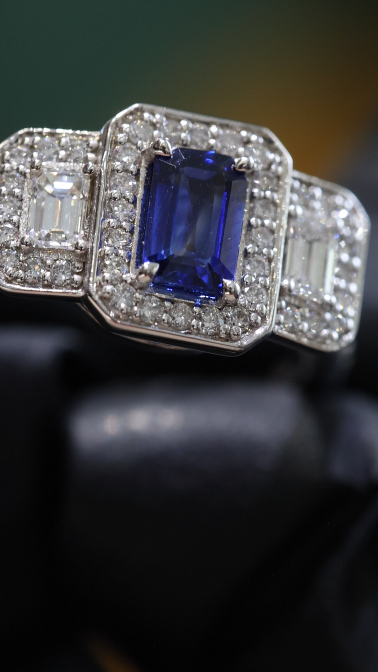Emerald-Cut Blue Sapphire Halo Ring with Diamond Accents | 3.93 CTW