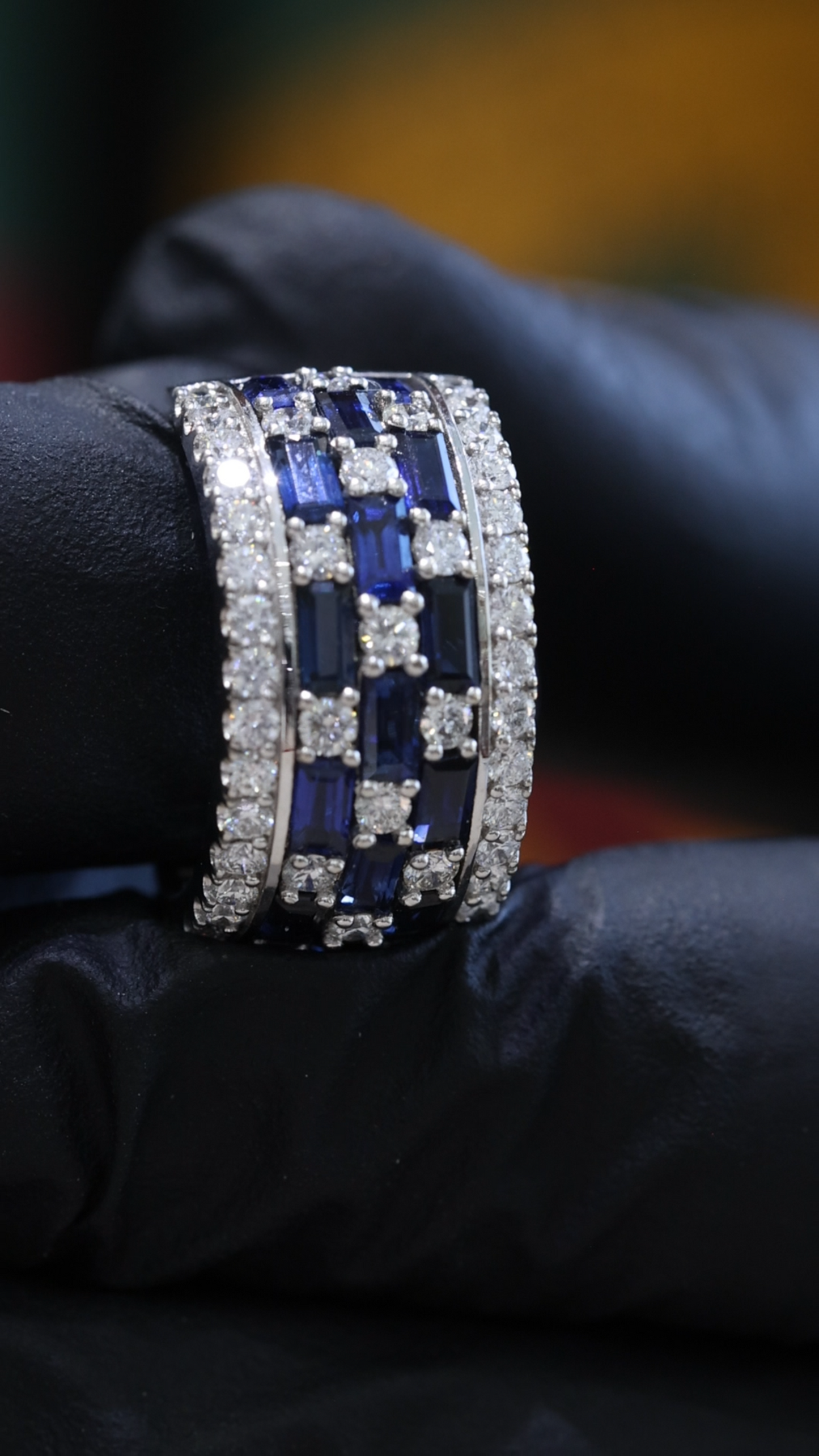 Blue Sapphire & Diamond Multi-Row Band in White Gold |3.55 ctw