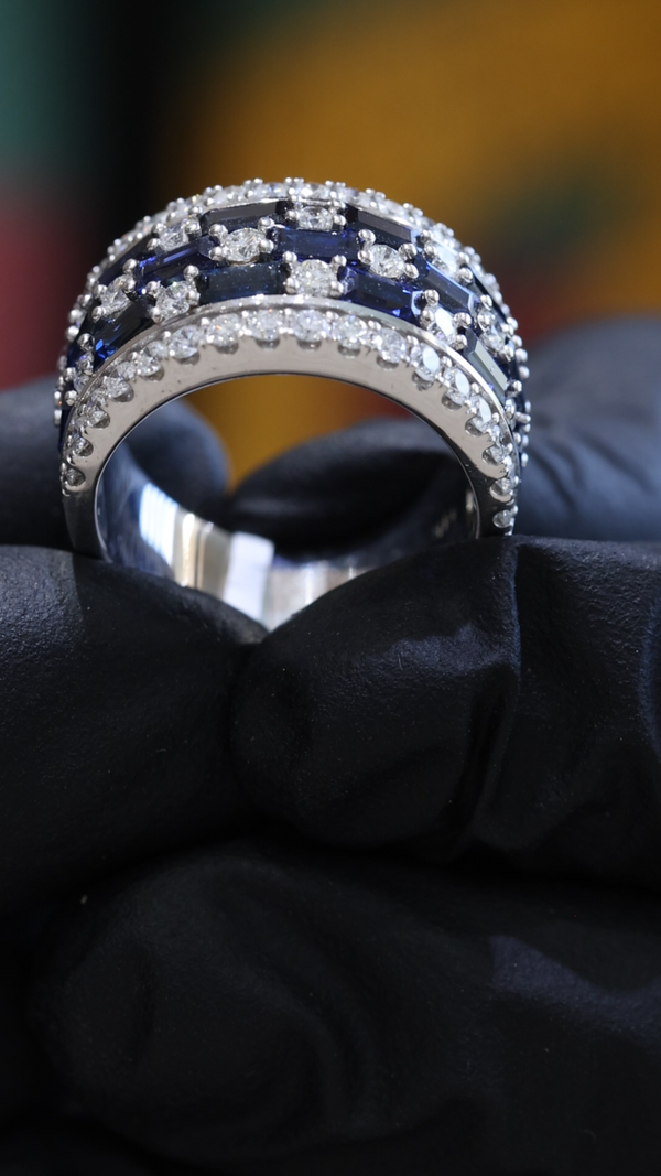 Blue Sapphire & Diamond Multi-Row Band in White Gold |3.55 ctw