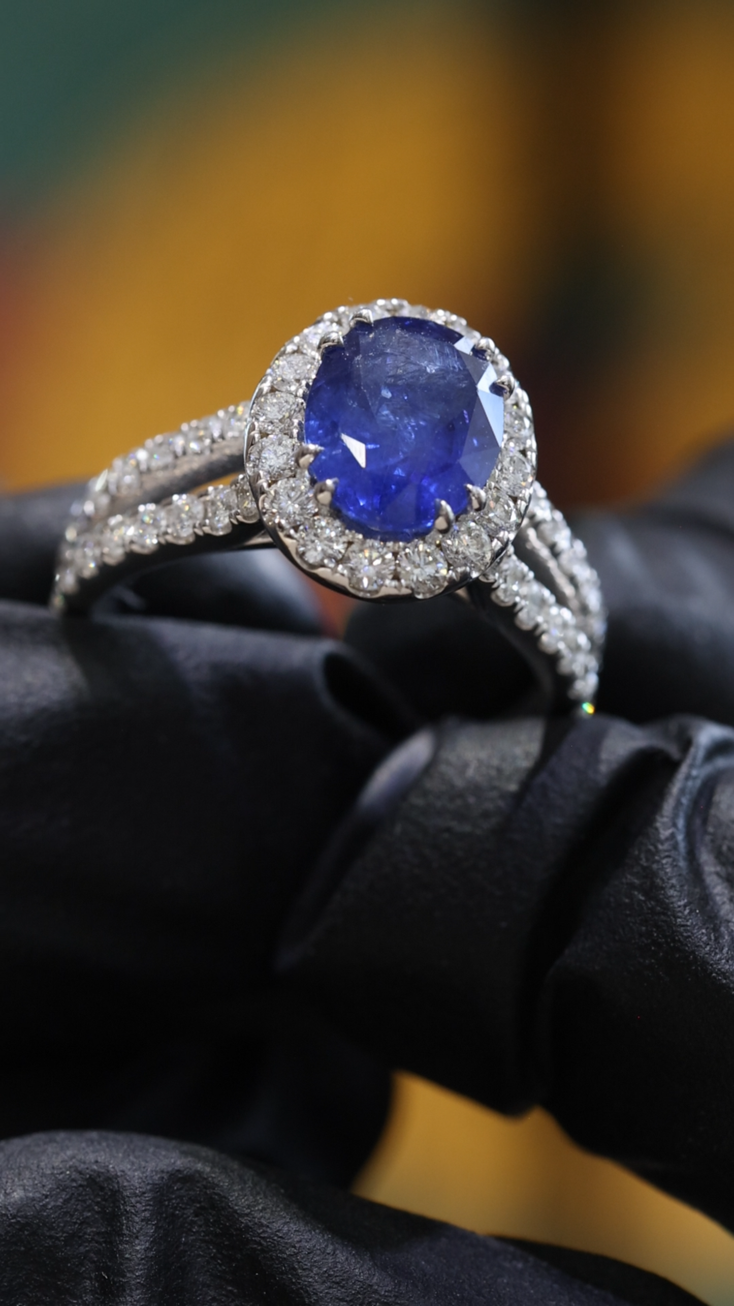 Oval Blue Sapphire Halo Ring with Diamond Split Shank | 3.65 CTW