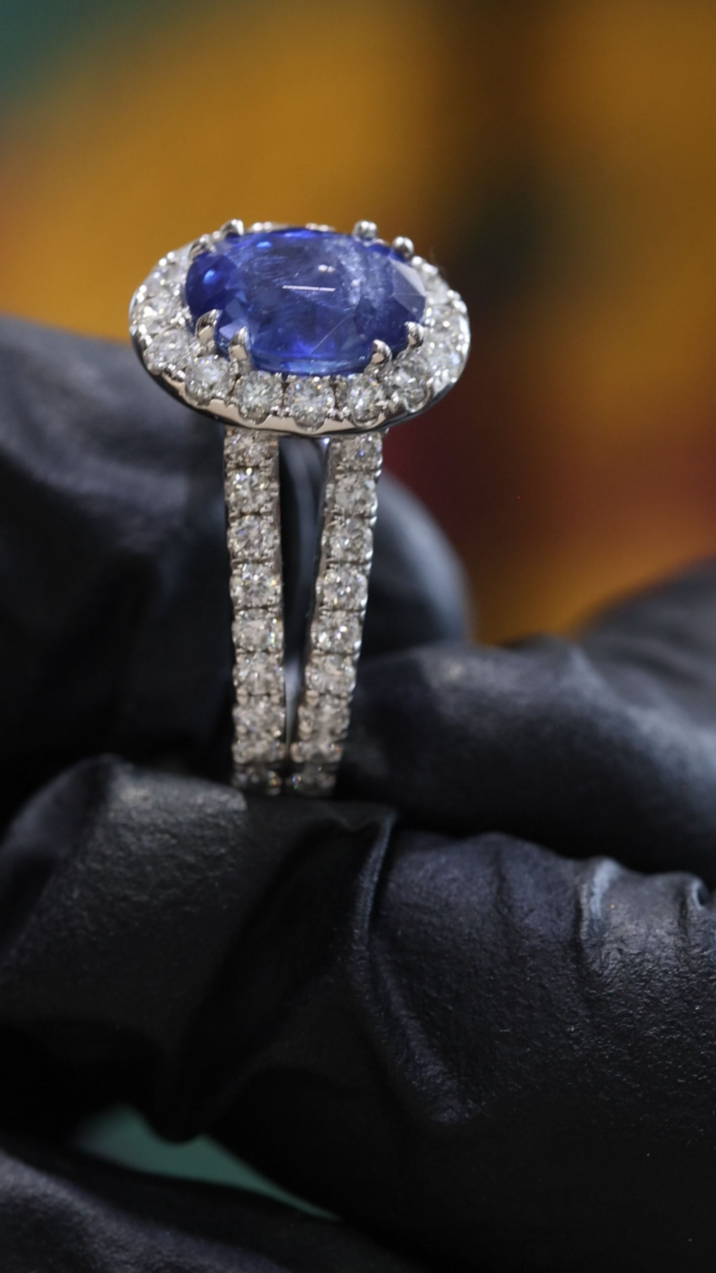 Oval Blue Sapphire Halo Ring with Diamond Split Shank | 3.65 CTW