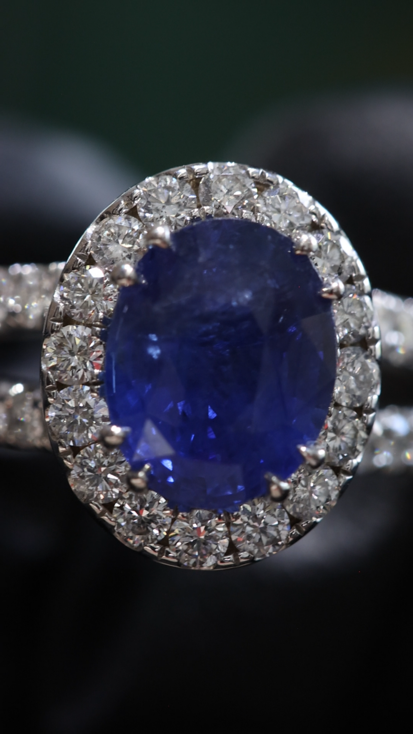 Oval Blue Sapphire Halo Ring with Diamond Split Shank | 3.65 CTW