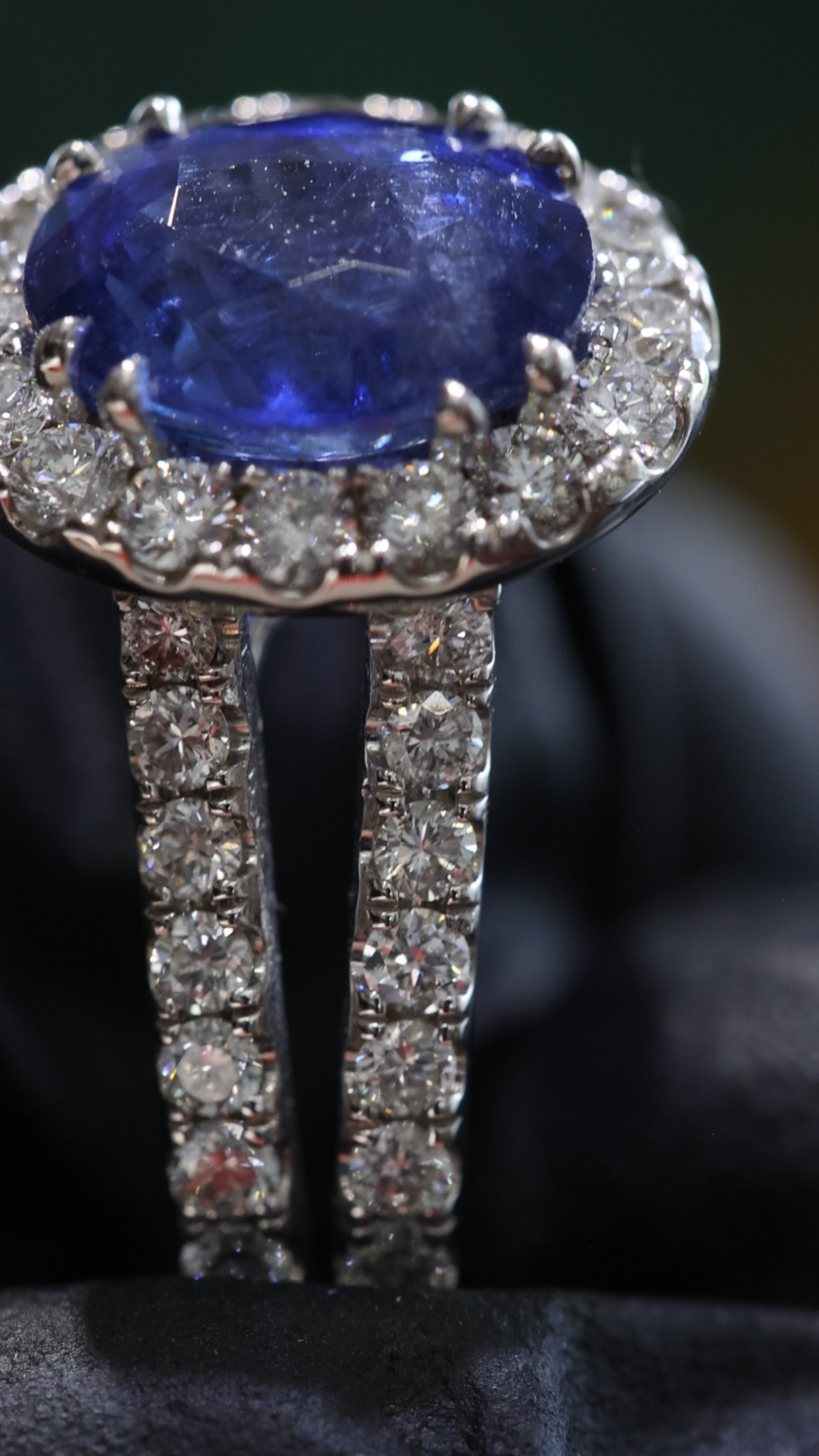 Oval Blue Sapphire Halo Ring with Diamond Split Shank | 3.65 CTW