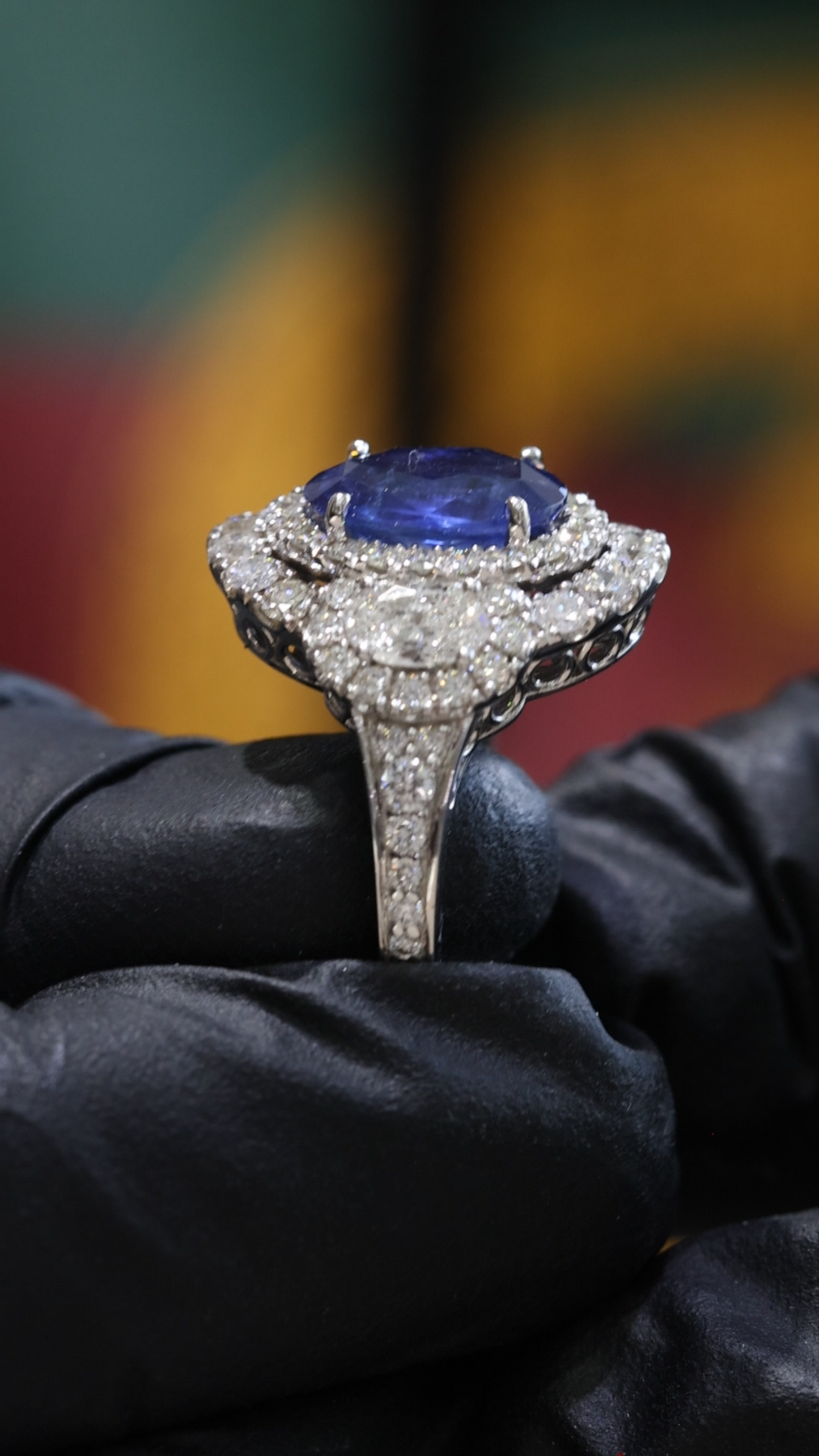 Oval Blue Sapphire Double Halo Ring with Diamond Accents | 4.41 CTW
