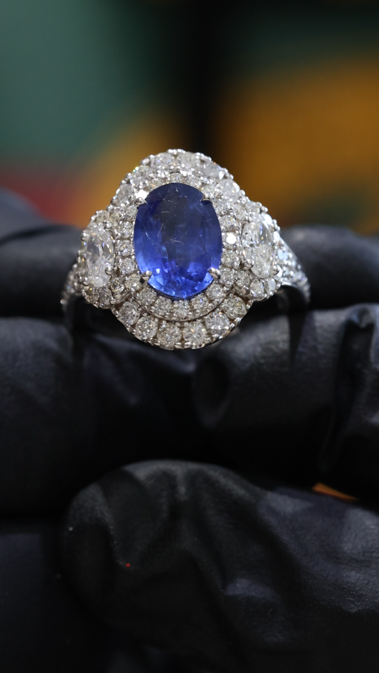 Oval Blue Sapphire Double Halo Ring with Diamond Accents | 4.41 CTW