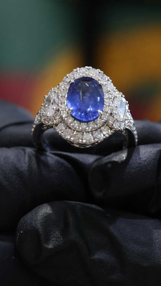 Oval Blue Sapphire Double Halo Ring with Diamond Accents | 4.41 CTW