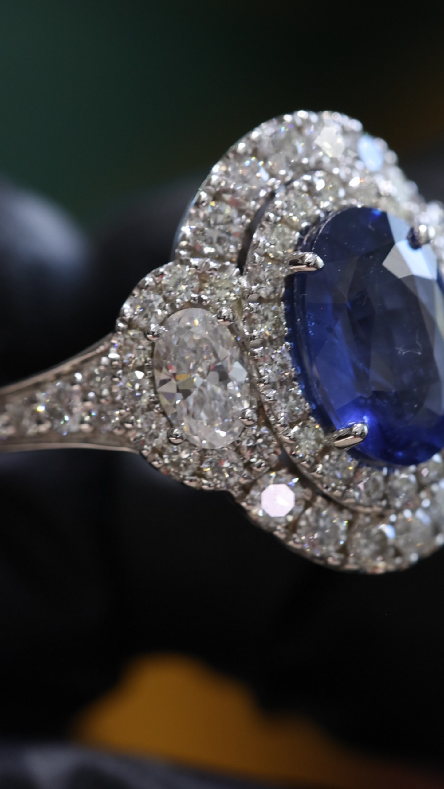 Oval Blue Sapphire Double Halo Ring with Diamond Accents | 4.41 CTW