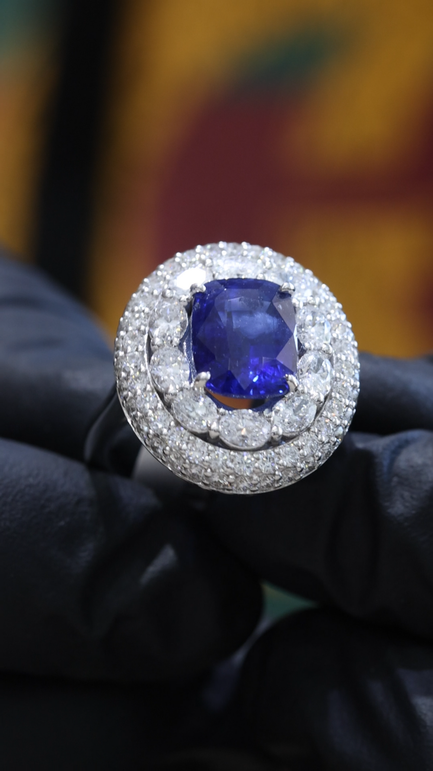 Blue Sapphire & Diamond Halo Ring in White Gold | 7.18 CTW