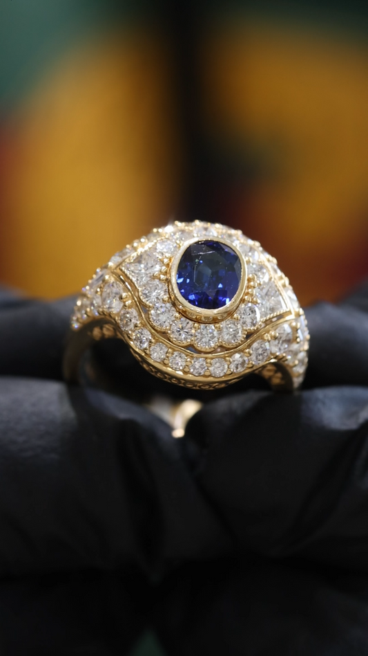 Blue Sapphire Diamond Cocktail Ring in Yellow Gold | 3.25 CTW