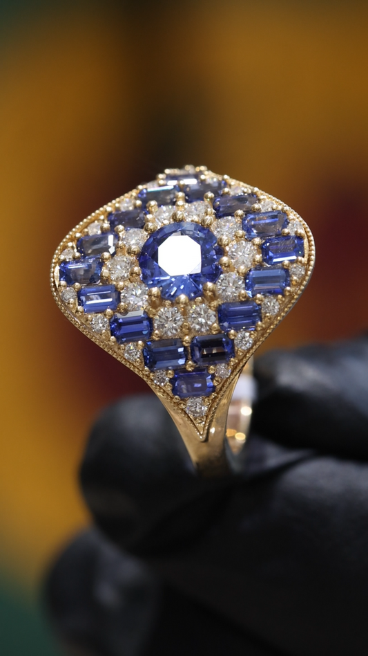 Blue Sapphire Diamond Statement Ring in Yellow Gold | 2.50 CTW