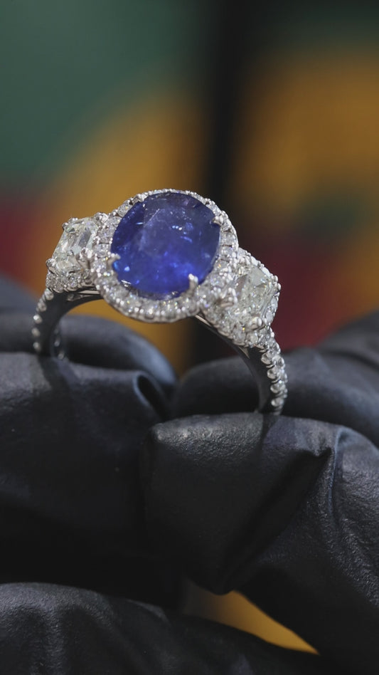 Emerald-Cut Blue Sapphire Halo Ring with Diamond Accents | 3.93 CTW